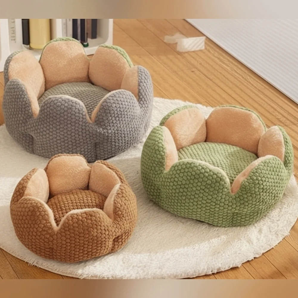 Fuzzy Raised Petal Scallop Plush Pet Bed Cat Small Dog Animal Home Lounge LARGE